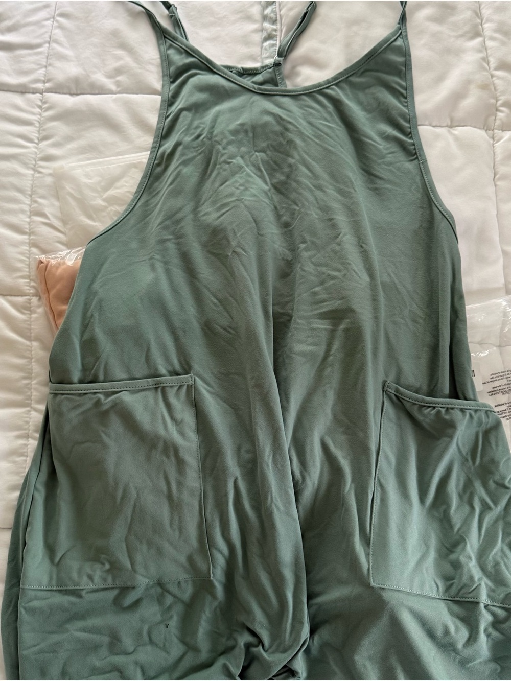Two Lunetta Maternity Jumpsuits in Beige and Light Green (Sz L)